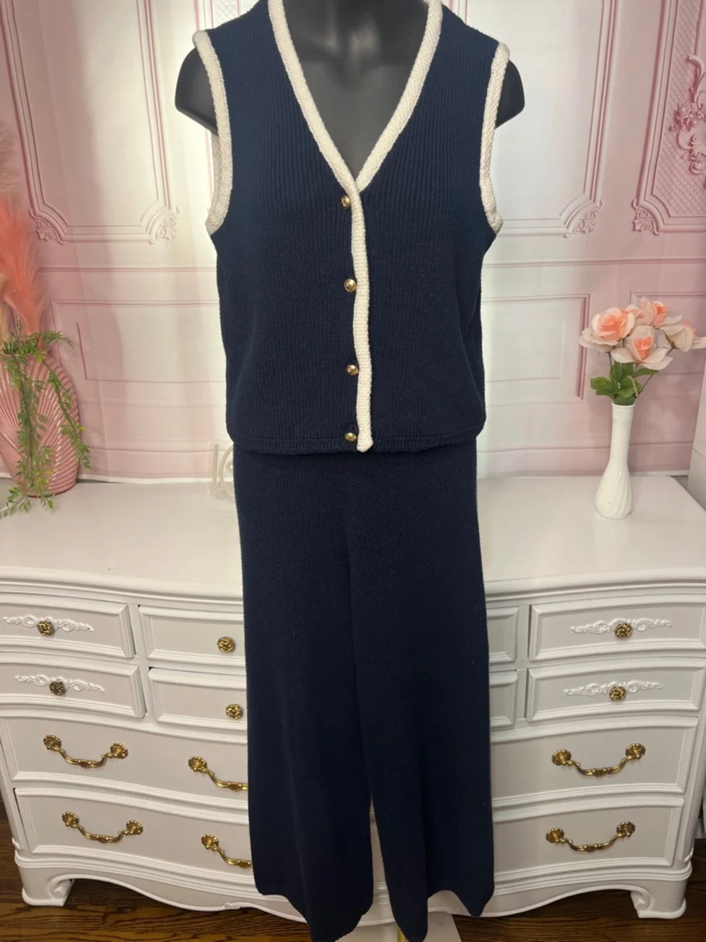 Sincerely Jules Navy Wide-Leg Knit Pants & Trimmed Vest Set - Picture 3 of 8